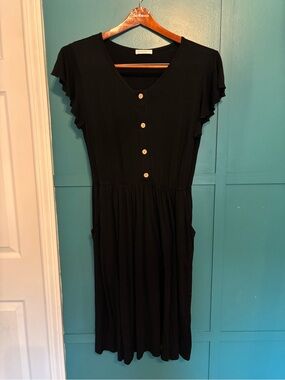 Lollo Vita Black Button-Front V-Neck Midi Dress W/ Pockets Size Large